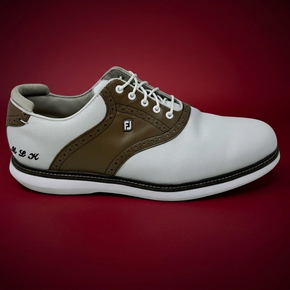 FootJoy Men's Golf Shoes Size 14 W White Brown Saddle Spiked MLK Embroidered